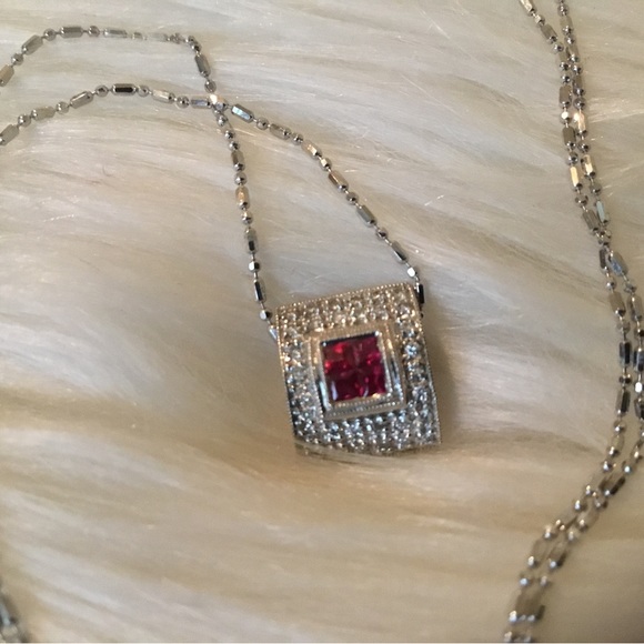 Estate 18K White Gold Ruby & Pave Natural Diamond Pendant - Picture 4 of 6